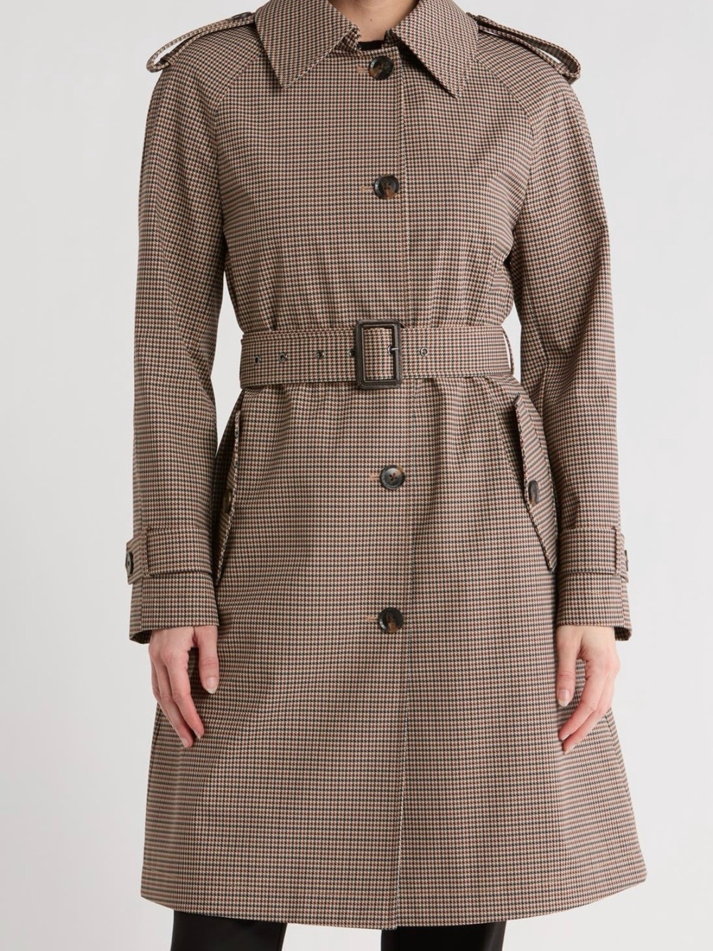 BCBG Women’s Brown Houndstooth Belted Trench Coat Water Resistant NEW